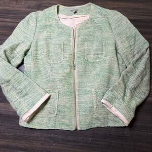 J.‎ Jill Stretch Tweed Jacket Green Career Zip Front Pockets Petite SP